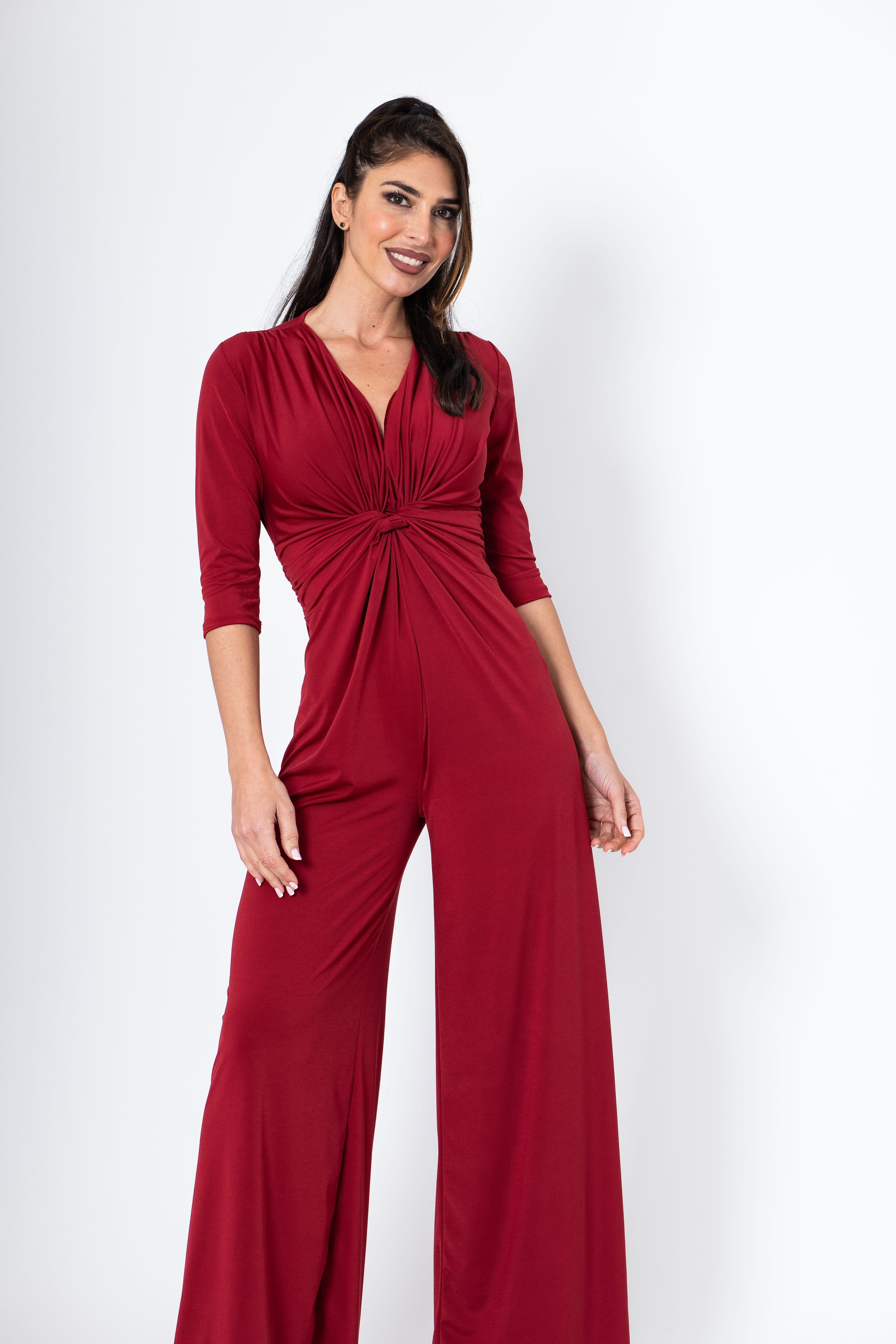 Mono Elegante con Escote Pico y Nudo - Granate