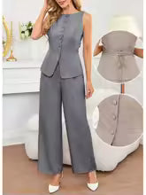 Conjunto informal de dos piezas liso para mujer, Tops sin mangas con cuello redondo, pantalones de pierna ancha de cintura alta, moda 2026, conjuntos para mujer