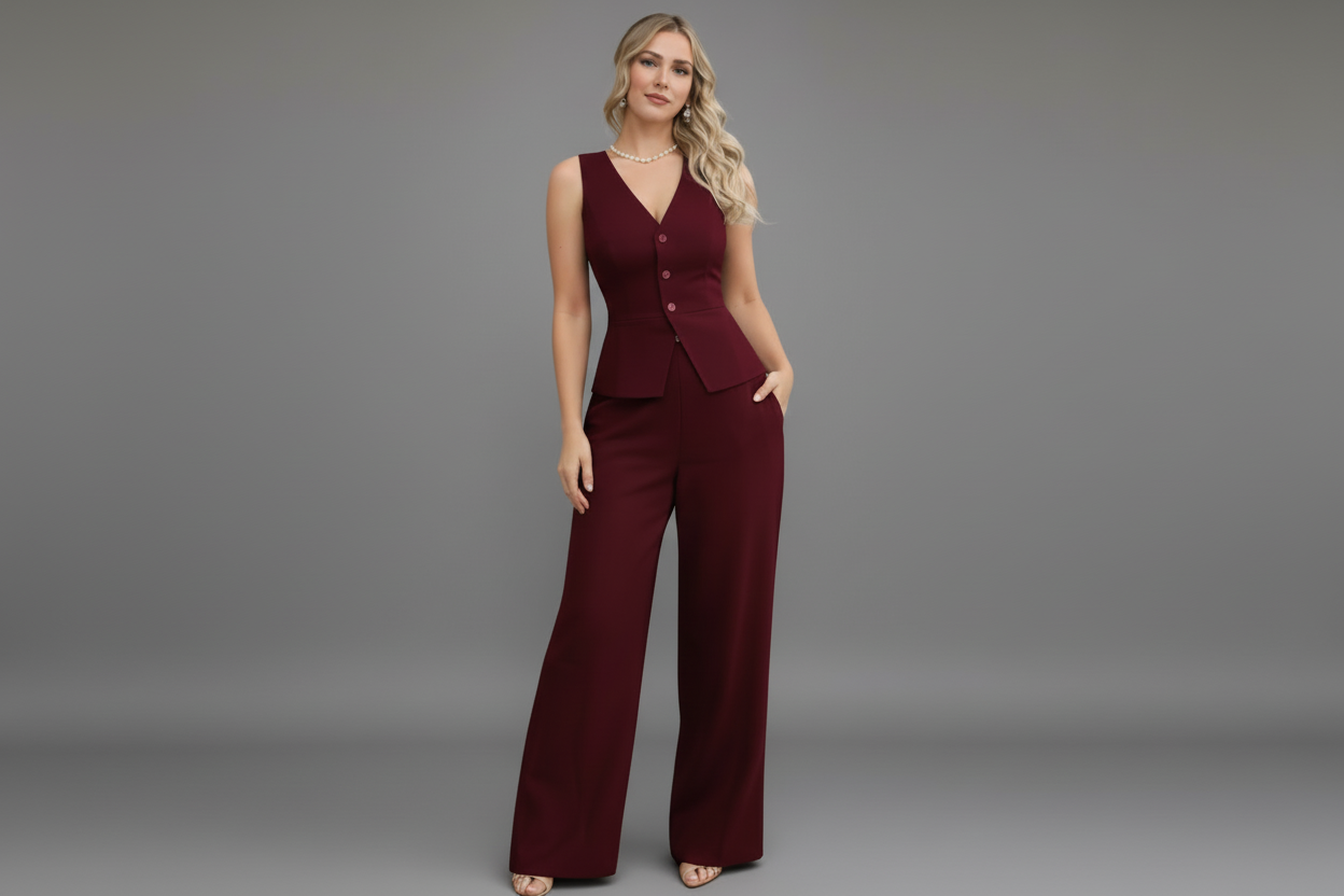 Conjunto Elegante de Chaleco y Pantalón de Pierna Ancha