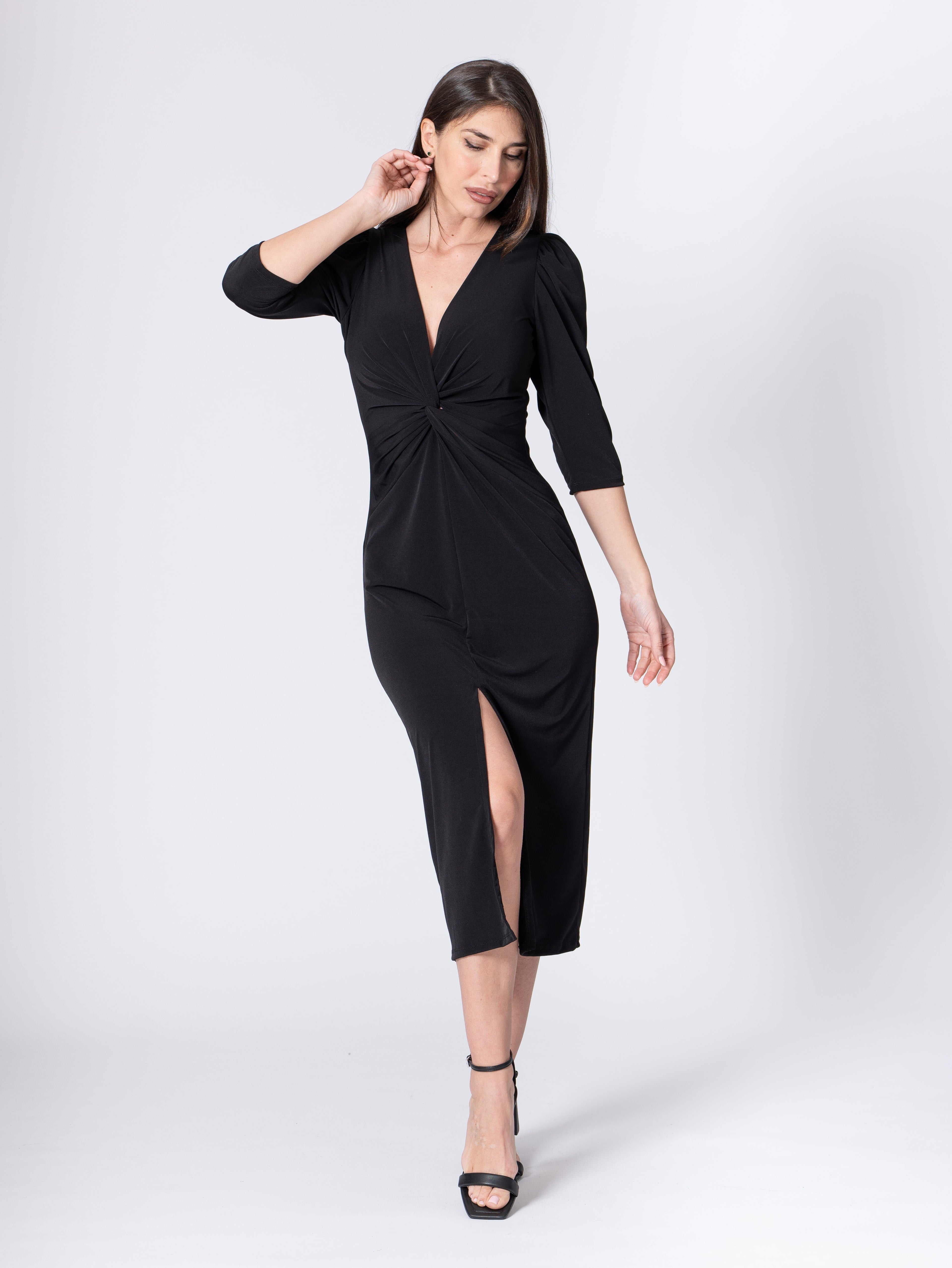 Vestido Elegante con Nudo y Abertura Delantera - Punto de Seda